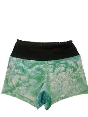 Women’s Green Marble Print Athletic Shorts with Wide Black Waistband Size Medium